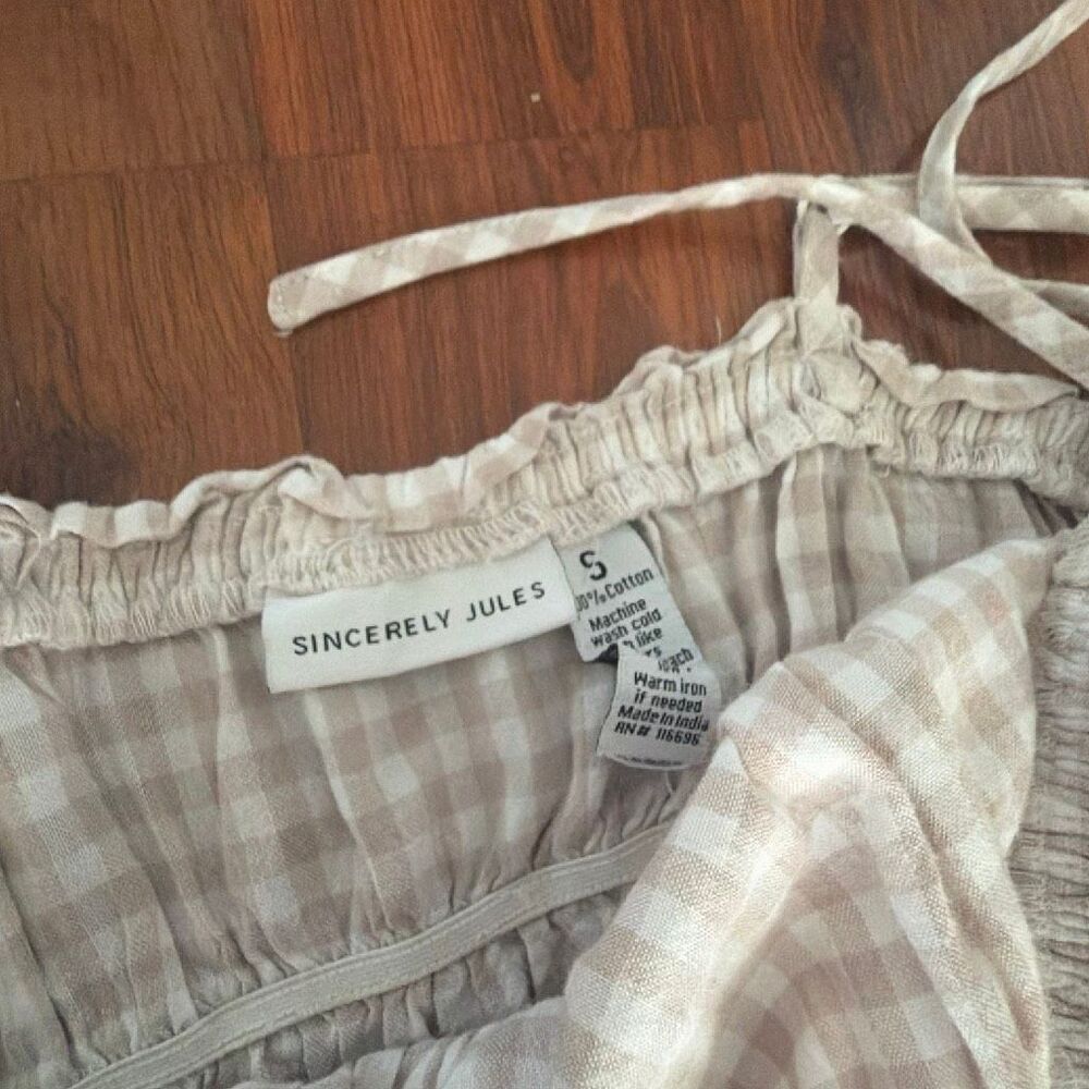 Sincerely Jules gingham 100% cotton tan white pants jumper jumpsuit spaghetti st - Picture 4 of 5